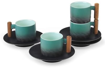 Set van 4 blauwe keramische koffiekopjes met houten handvat