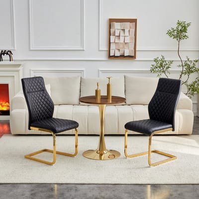 OKWISH Eethoek Set 60 Cm - Ronde Tafel Met 2 Eetkamerstoelen - Walnootlook, Goudkleurig Metaal, Zwart Kunstleer