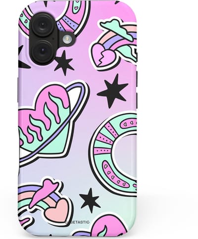 Casetastic hoesje geschikt voor Apple iPhone 16 - MagSafe - Dubbellaagse bescherming - Paarse Droomwereld - Fashion Case - Lila Lichtgrijs Zwart Mintgroen