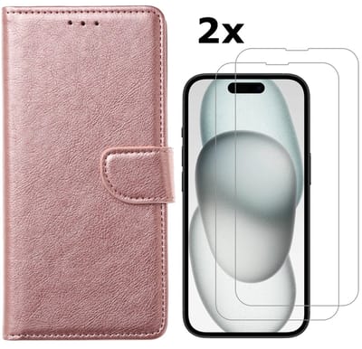 Hoesje Geschikt voor iPhone 15 Plus hoesje bookcase met 2x screenprotector – Rosegoud