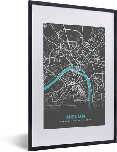 Fotolijst incl. Poster - Melun - Frankrijk - Plattegrond - Stadskaart - Kaart - 40x60 cm - Posterlijst