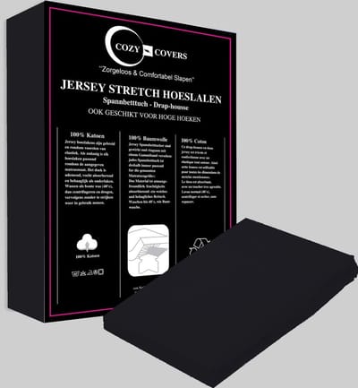 Cozy covers Jersey hoeslaken 100% katoen 90x200 cm - rondomelastiek + 30 cm matrasdikte - zwart