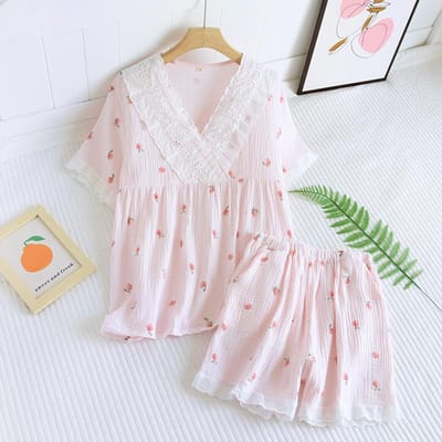 Zomer Nieuwe Dames Pyjama Korte Mouw Korte Broek Tweedelig Set 100% Katoen Crêpe V-hals Grote Maat Huispak Set voor Dames L