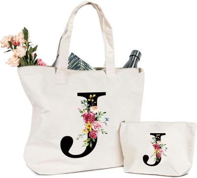 Linnen Shoppertas met Persoonlijke Letter en Bloemenprint voor Dames
