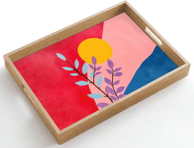 Dienblad hout 50x35 cm - Schootdienblad - Bladeren - Zon - Abstracte vormen - Borrelplank rechthoek - Plateau dienbladen
