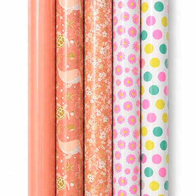 Cadeaupapier Set – Happy Vibes Collection (5 Stuks) – 200×70 cm – Zalm & Roze – Hartjes, Bloemen & Botanische Prints – Inpakpapier