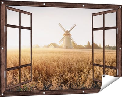 Gards Tuinposter Doorkijk Windmolen in het Veld - 120x80 cm - Tuindoek - Tuindecoratie - Wanddecoratie buiten - Tuinschilderij