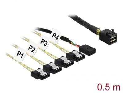 Delock Cable Mini SAS HD SFF-8643 > 4 x SATA 7 pin Reverse + Sideband 0.5 m