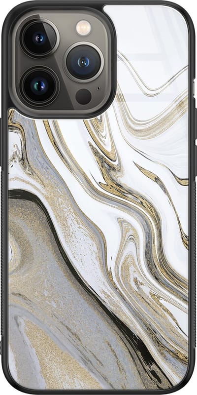 Hoesje geschikt voor iPhone 13 Pro Max - Marmer wit goud - Luxe Glazen Hardcase - Hippe print - Grijs - Leuke Telefoonhoesjes