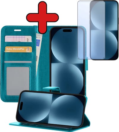 Hoesje - Met Screenprotector - Geschikt voor Apple iPhone 15 - Luxe Pasjeshouder - Flipcase - Bookcase Portemonee - Flip Case - Kunstleer Book Case - Book Cover - Walletcase - Portemonneehoes - Telefoonhoes - Turquoise
