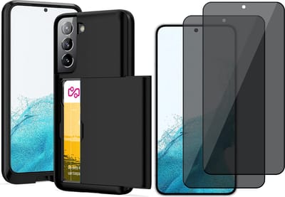 Hoesje met Pasjeshouder geschikt voor Samsung Galaxy S22 - 2x Privacy Screen Protector FullGuard - Back Cover SlideCase Zwart & Screenprotector