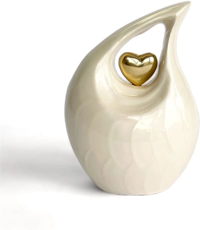 Teardrop Urn Klein 400 ml Parelmoer Wit met Goudkleurig Hart - Urn voor Menselijke As - Crematie Urn voor As Volwassenen - Dieren Urn voor As Crematie - Urn Hond - Urn Kat