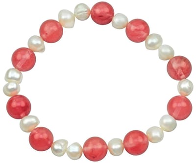 Zoetwater parel armband met edelsteen Pearl Cherry Quartz - echte parels - kersenkwarts - wit - rood - elastisch - luxe sieraden zakje - parel armband dames - elastisch parel armband - zoetwaterparel