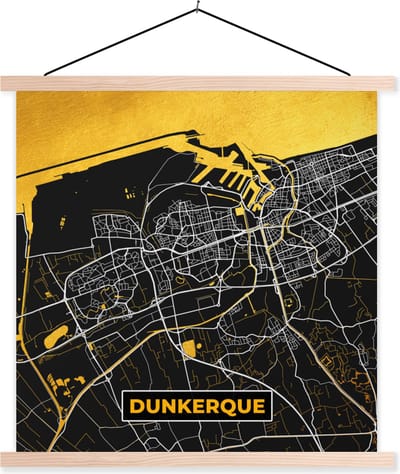 Posterhanger incl. Poster 40x40 cm - Schoolplaat - Plattegrond – Kaart – Stadskaart – Frankrijk – Dunkerque - Textielposter - Blanke latten - Stadskaart
