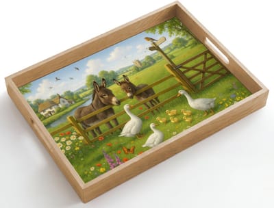 Dienblad hout 50x35 cm - Schootdienblad - Ezels - Ganzen - Kleurrijk - Borrelplank rechthoek - Plateau dienbladen