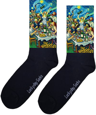 LuckyDay Socks - Kunstsokken van Gogh - Aardappel eters - Kunstenaar - Sterrennacht sokken - Verjaardag cadeau - Kunst sokken - Vrolijke sokken - Grappige sokken - Leuke sokken - Opkikker - Moederdag - Vaderdag - Maat 37-44