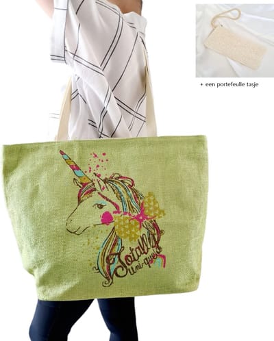 Shopper tas Groen -  Strandtas met ritssluiting- Extra Binnentasje/portefeuille- Weekendtas - Zomer| Strand| Vakantie| Winkelen