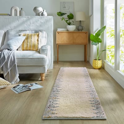 Flycarpets Loper - Minerals Uni vloerkleed - Laagpolig - Wol - Bolletjes Kader Modern - Zwart / Wit 60 x 230 cm