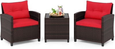 COSTWAY Tuinmeubelset van rotan, 3-delige balkonset bestaande uit 2 fauteuils, kussens en een tafel met blad van gehard glas, kleine balkonmeubels, weerbestendige zitgroep voor 2 personen(Rood)