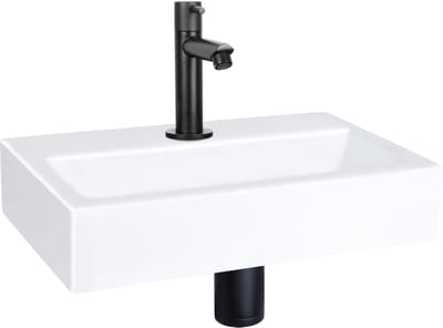 Differnz Flat fonteinset - 38x24x8cm - Rechthoek - 1 kraangat - Recht matte zwarte kraan - Keramiek Wit