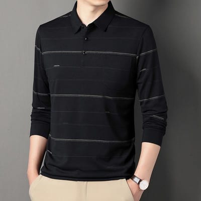 Lente en Herfst T-shirt met lange mouwen Heren Revers Middenleeftijd Heren Zak Gestreepte Basis Pullover T-shirt Poloshirt voor Heren XXXXL black