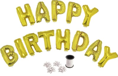 Folie ballonset goud met letters HAPPY BIRTHDAY 41 cm + geschenklint 10m met 4 witte strikken
