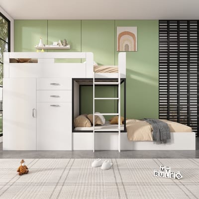 Stapelbed 90x200 cm - kinderbed - met uitschuifbaar bureau en kast - met lades - boekenplank en ladder - zonder matras - wit