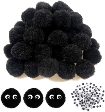 50 stuks Pompons Bal 20 mm Grote Pluizige Pompons Zwarte Pompoms Ballen en 100 stuks Wiebelogen voor doe-het-zelf Ambachten Decoraties