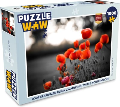 Puzzel Rode Klaprozen tegen zwarte met witte achtergrond - Legpuzzel - Puzzel 1000 stukjes volwassenen