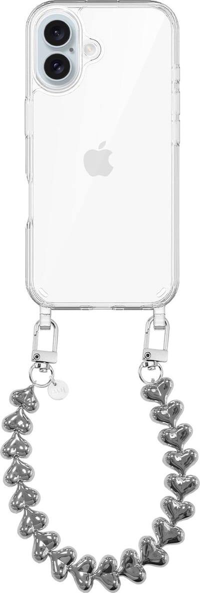 xoxo Wildhearts siliconen hoesje geschikt voor iPhone 16 Plus hoesje - Funky Hearts - Telefoonhoesje - Hoesje met koord - Zilver koord - kort telefoonkoord - Hartjes ketting - Transparant hoesje