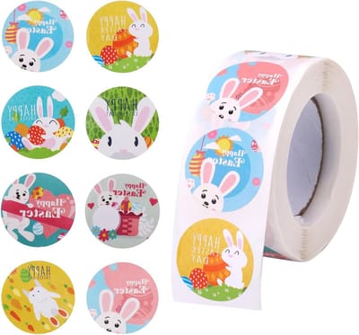 500 Stuks Paasstickers, 2.5 cm Ronde Stickers met Paaseieren en Konijnen voor Feestdecoratie, Cadeaus en Kaarten - 8 Ontwerpen voor Kinderen en Feestjes