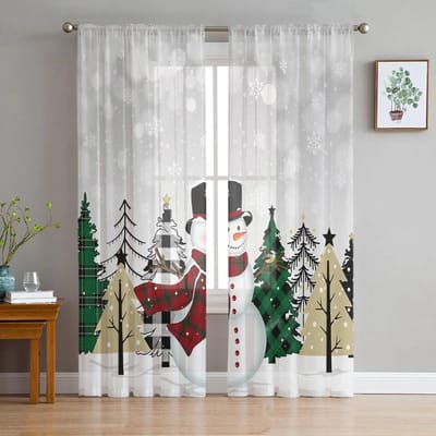 Kerst Sneeuwpop Kerstboom Transparante Gordijnen voor Woonkamer Decoratie Raamgordijnen Keuken Tule Voile Gordijnen W135 x H115cm x1 white