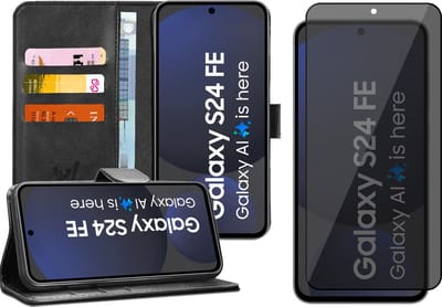 Hoesje geschikt voor Samsung Galaxy S24 FE - Privacy Screenprotector Volledig Dekkend Glas - Portemonnee Book Case Zwart