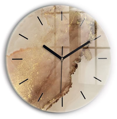 Wallfluent Wandklok - Beige moderne kunst Klok met Print - 30 cm x 30 cm - Bruin Wandklok - Zwarte Handen - Wandklok Zonder Cijfers - Stille Wandklok Slaapkamer - Ronde Glas Klok - Minimalistisch Wandklok - Klok met Afbeelding