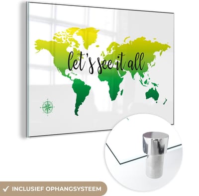 ® Glasschilderij 120x80 cm - Schilderij acrylglas - Wereldkaart - Groen - Kompas - Foto op glas - Muurdecoratie woonkamer - Wanddecoratie slaapkamer - Schilderijen