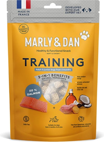MARLY & DAN hondensnack - 3-in-1 benefiets - 100 gr TRAINING vanaf 6 maanden - 50% ZALM - healty& functional snack - soft & chewy - granenvrij - vrij van smaak, kleur en kunstmatige bewaarmiddelen