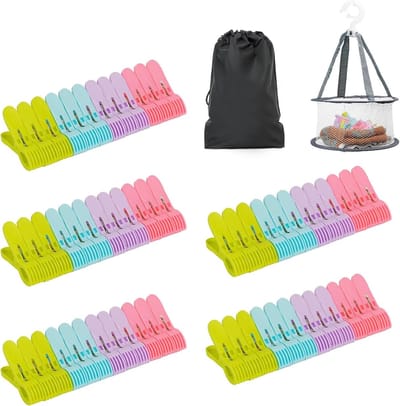 Kleurige plastic wasknijpers met sterke grip en antislip, inclusief handige opbergmand - 48 stuks