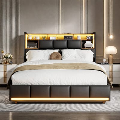 Opbergbed 140x190 cm zwart PU met LED-hoofdbord en voetbord, gaslift, USB-oplaadpunt en ruime opbergruimte