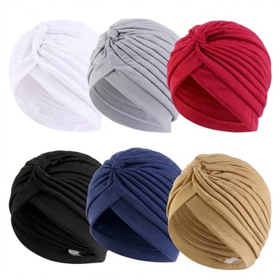 6 stuks turban bandana set tulband – zwart, marineblauw, licht koffie, lichtgrijs, wijnrood & wit – geplooide dames turbans – comfortabele rekbare hoofddoeken