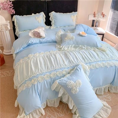 4-delige Koreaanse Prinses Stijl Bloemen Kant Ruches Beddengoed Set Queen King Dekbedovertrek Bedrok/Laken/Hoeslaken Kussensloop 1.5X2m Bedskirt 4pcs