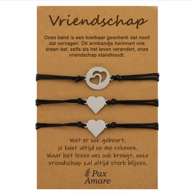 Vriendschapsarmbandjes voor 3 "Vriendschap" - Meerdere Hartjes - BFF Armbandjes met Cadeau Kaartje - Zilverkleurig - Elastisch Verstelbaar - Pax Amare