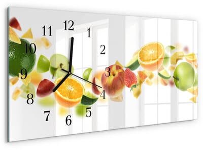 Tulup Wandklok - Fruitmix Decoratieve Glazen Klok - 60x30 cm - Geel Glazen Wandklok Design - Zwarte Handen - Rechthoekige Wandklok - Wandklok Glas Met Motief - Decoratieve Glazen Klok