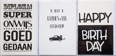 3 Wenskaarten - Rijbewijs + Diploma + Happy Birthday - 12 x 17 cm – RIJB-301