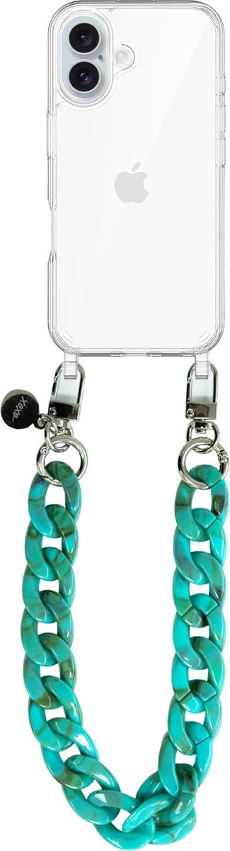 xoxo Wildhearts siliconen hoesje - Geschikt voor iPhone 16 - Blue Ocean - Kort Koord - Telefoonhoesje - Hoesje met koord - telefoonkoord - Transparant hoesje - Kort blauw koord