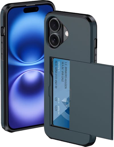 Hoesje Geschikt voor iPhone 16 Hoesje Met Pasjeshouder Hard Case Met Kaarthouder - Hoes Geschikt voor iPhone 16 Hoesje Pashouder Case - Donkerblauw