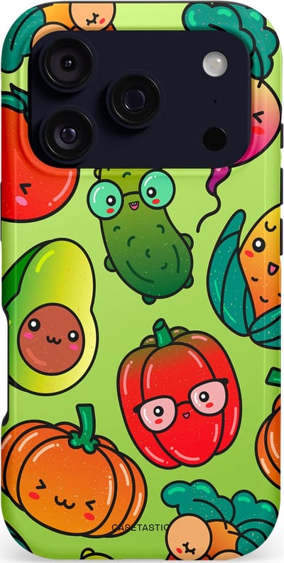 Casetastic hoesje geschikt voor Apple iPhone 17 Pro - MagSafe - Dubbellaagse bescherming - Cartoon Groente Mix - Fashion Case - Olijfgroen Goud Oranje Rood