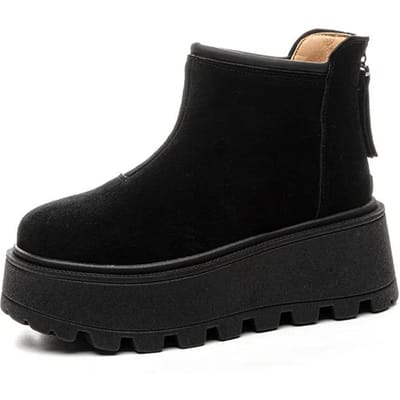 8cm Suède Koe Echt Leer Mode Dames Winter Pluche Herfst Laarzen Lente Schoenen Enkellaarsjes Platform Wedge Schoorsteen 34-40 38 zwart