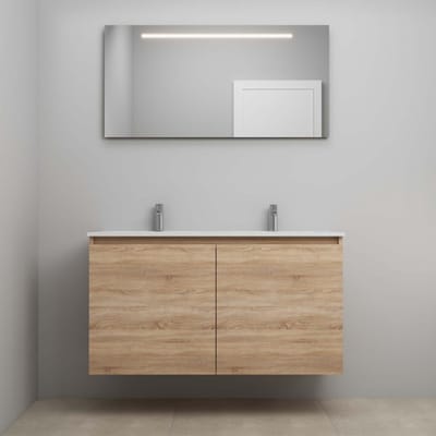 On-Line Badkamermeubelset - 120 cm - Bouwpakket - Greeploos 2 Deuren - Porseleinen Wastafel - 2 Kraangaten - Spiegel met LED-Verlichting - Eiken
