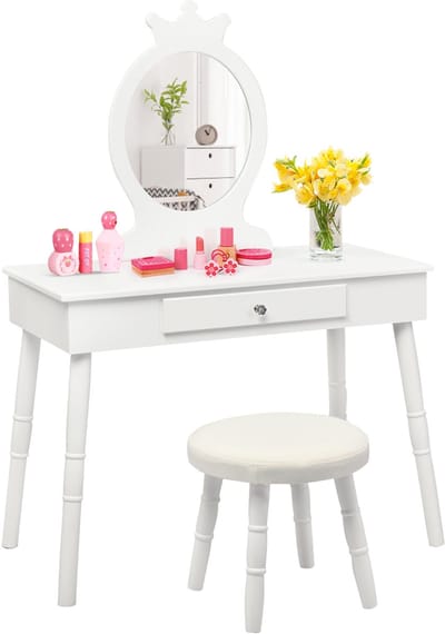 COSTWAY Make-uptafel voor kinderen, 2-in-1 make-uptafel en bureau met afneembare spiegel en kruk, kaptafel met lade en dennenpoten, make-uptafel tot 65 kg belastbaar, 70 x 34 x 100 cm (wit)