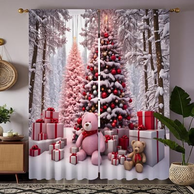 2 stuks HD Kerst na sneeuw Kerstboom Beer cadeaudoos Decoratief gordijn Roze strik digitaal bedrukt gordijn Huisdecoratie W52H63inchW132H160cm black